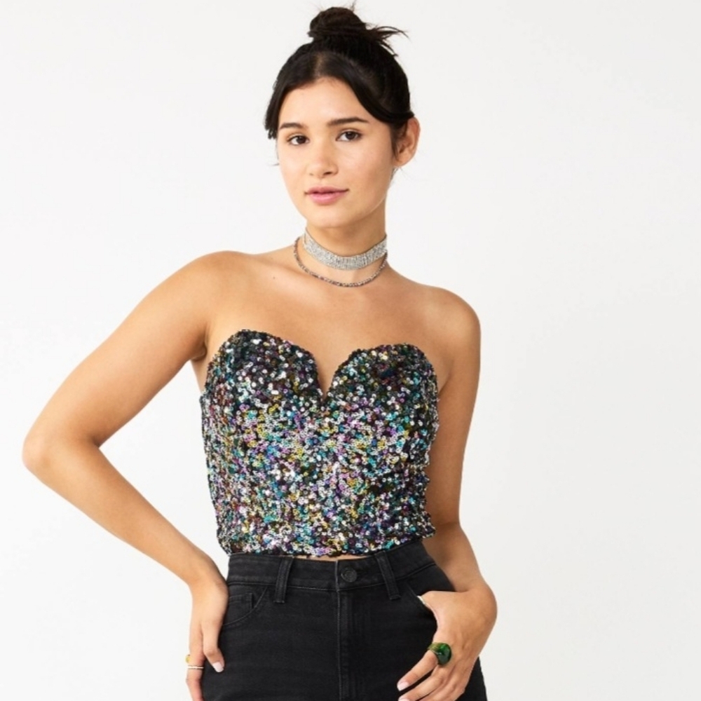 SO Multicolor Sequin Strapless Crop Top